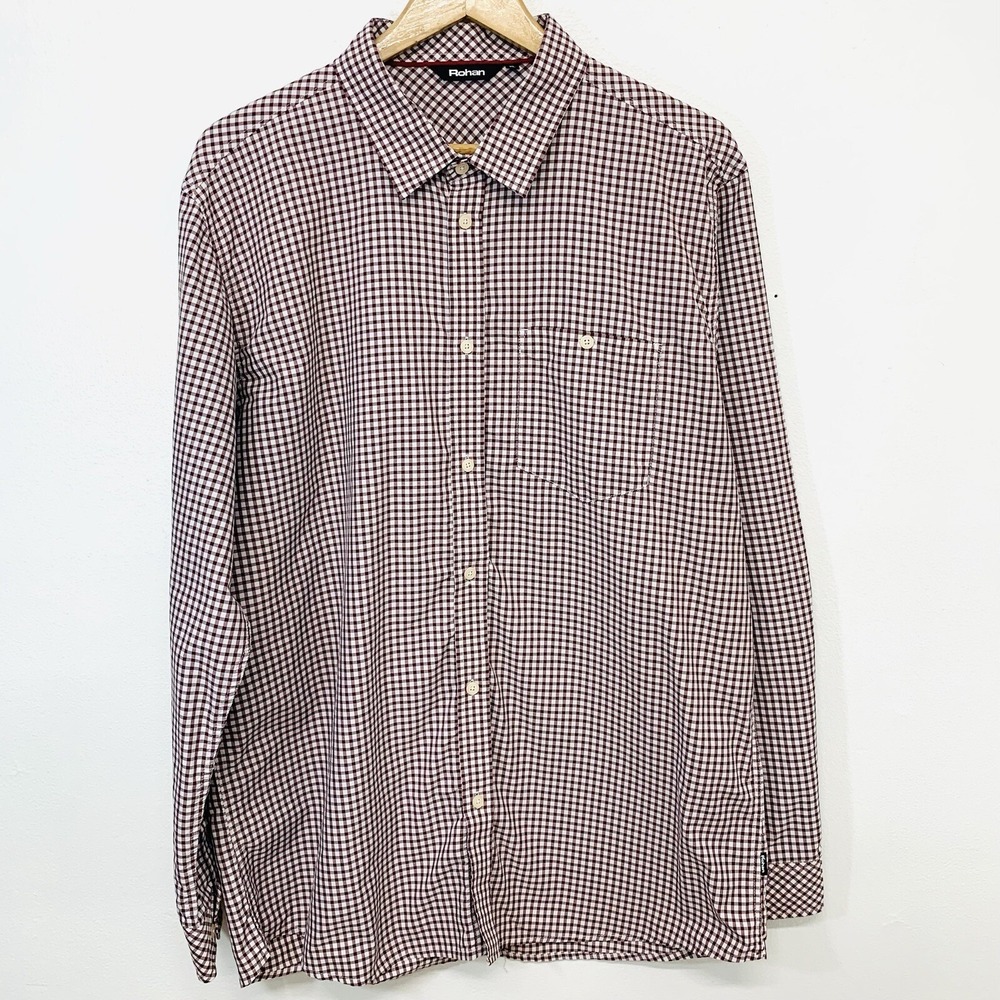 Rohan Newtown UV Odor Protection  Shirt‎ Men XL Maroon Check Hiking Travel Light